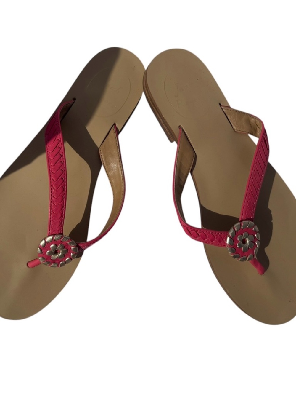 Jack Rogers Pink Leather Thong Sandals with Silver Medallion